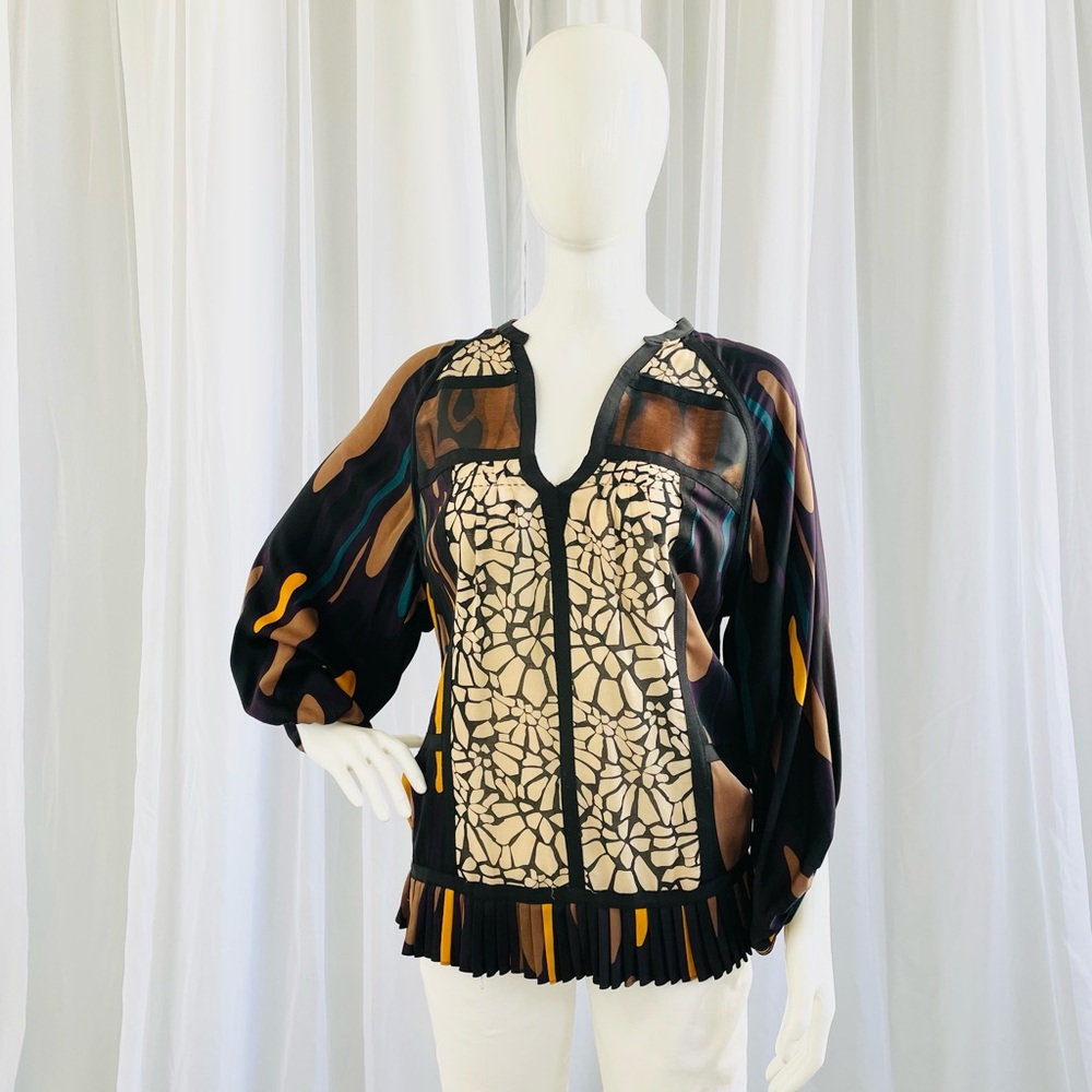 Diane Von Furstenberg Silk Top “Bouda” S8254306L9 Womens Sz 10 EUC PATCHWORK